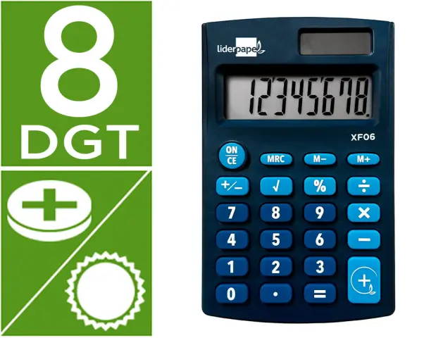 Imagen Calculadora liderpapel bolsillo xf06 8 digitos solar y pilas color azul 98x62x8 mm