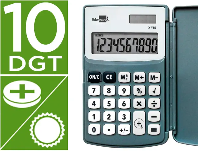 Imagen Calculadora liderpapel bolsillo xf15 10 digitos con tapa solar y pilas color gris 123x75x12 mm