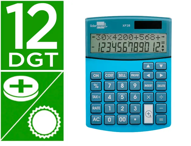 Imagen Calculadora liderpapel sobremesa xf28 12 digitos doble linea costes ventas margen y tasas solar y pilas