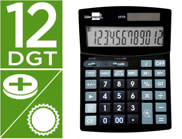 Imagen Calculadora liderpapel sobremesa xf29 12 digitos solar y pilas color negro 190x140x30 mm