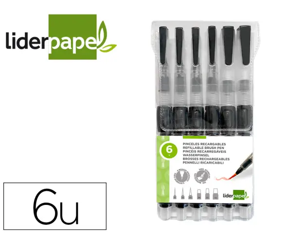 Imagen Pinceles liderpapel recargables para productos acuarelables set de 6 unidadesgrosor puntas surtidas