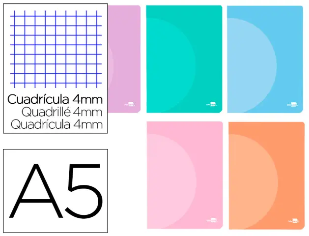 Imagen Libreta liderpapel 360 tapa de plastico a5 48 hojas 90g/m2 cuadro 4 mm con margen colores pastel surtidos