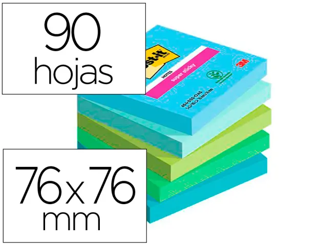Imagen Bloc de notas adhesivas quita y pon post-it super sticky oasis 76x76 mm 90 hojas 100% pefc pack de 5 unidades