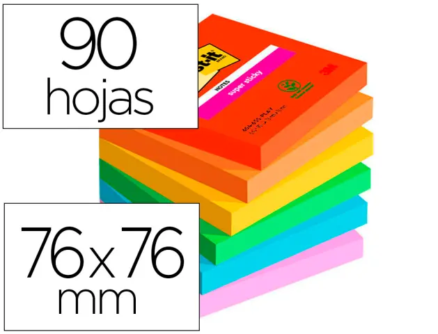 Imagen Bloc de notas adhesivas quita y pon post-it super sticky playful 76x76 mm 90 hojas 100% pefc pack de 6 unidades