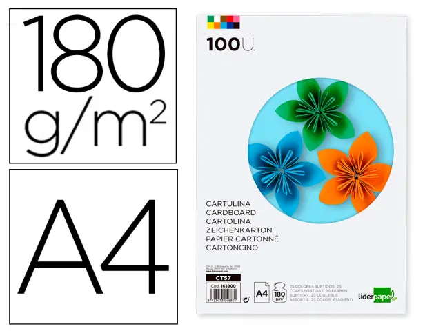 Imagen Cartulina liderpapel a4 180g/m2 25 colores surtidos paquete de 100 hojas