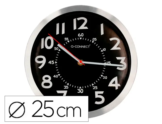 Imagen Reloj q-connect de pared metalico redondo 25 cm movimiento silencioso color cromado con esfera negra