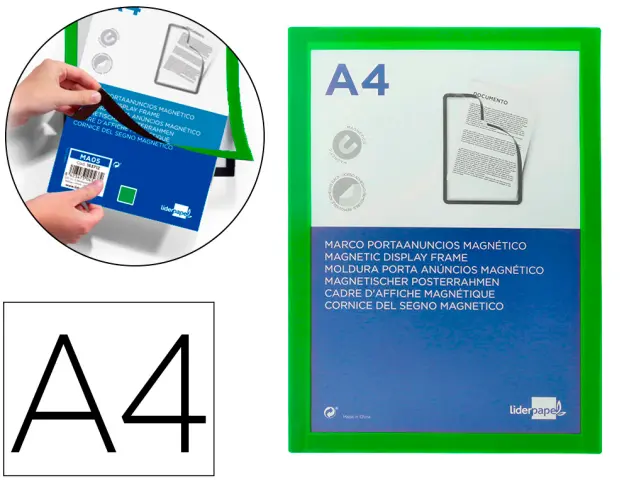 Imagen Marco porta anuncios liderpapel magnetico din a4 dorso adhesivo removible color verde