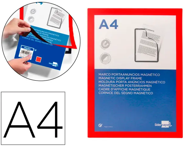 Imagen Marco porta anuncios liderpapel magnetico din a4 dorso adhesivo removible color rojo