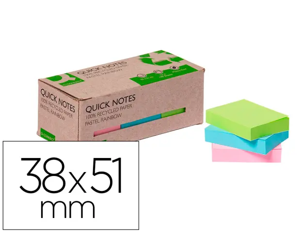 Imagen Bloc de notas adhesivas quita y pon q-connect 38x51 mm 100% papel reciclado colores pasteles en caja de carton