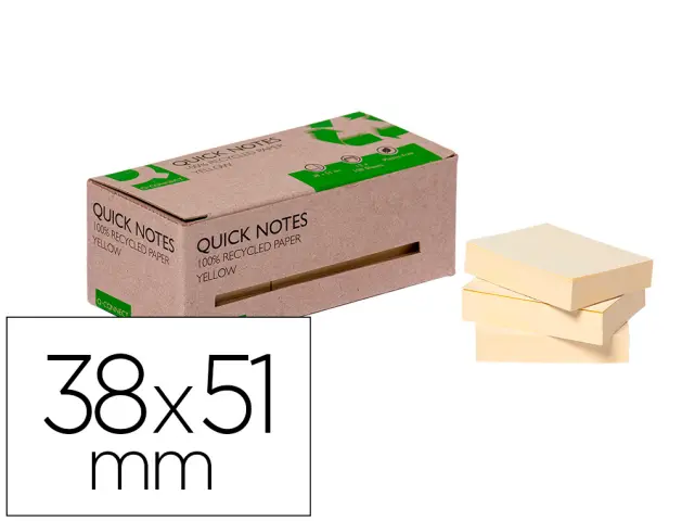Imagen Bloc de notas adhesivas quita y pon q-connect 38x51 mm 100% papel reciclado amarillo en caja de carton