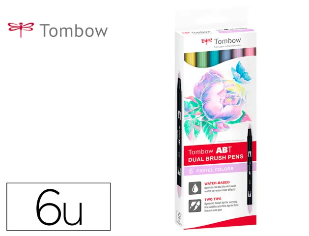 Imagen Rotulador tombow acuarelable doble punta fina/pincel colores pastel caja de 6 unidades colores surtidos