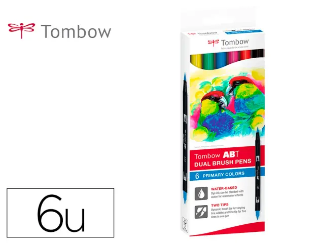 Imagen Rotulador tombow acuarelable doble punta fina/pincel colores primarios caja de 6 unidades colores surtidos