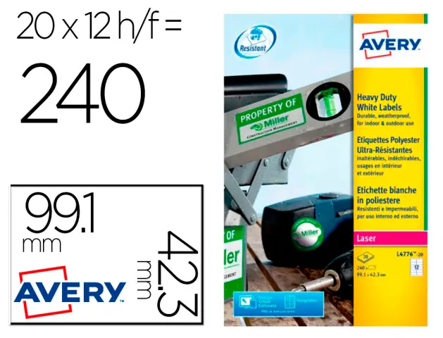 Imagen Etiqueta adhesiva avery poliester blanco para impresora laser 99,1x42,3 mm caja de 240 unidades