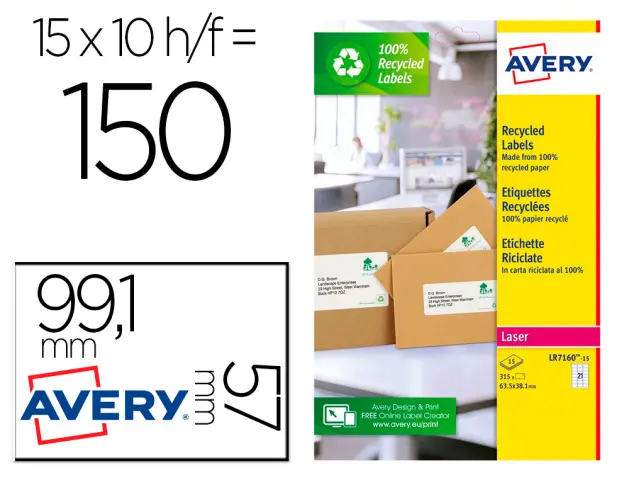Imagen Etiqueta adhesiva avery blanca permanente reciclada 100% paraimpresora laser 99,1x57 mm caja de 150 unidades
