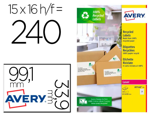 Imagen Etiqueta adhesiva avery blanca permanente reciclada 100% para impresora laser 99,1x33,9 mm caja de 240