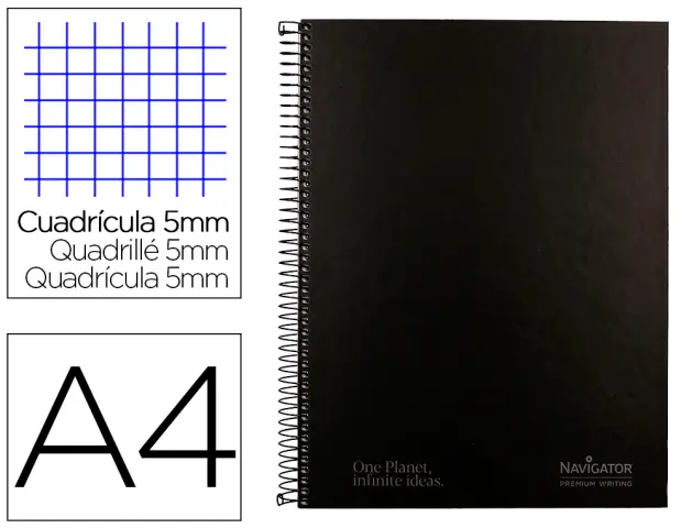 Imagen Cuaderno espiral navigator a4 micro tapa forrada 80h 80 gr cuadro 5mm 1 banda color negro