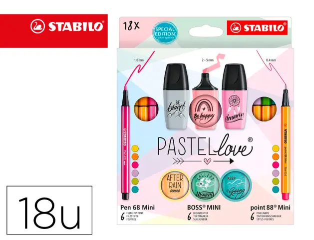 Imagen Set stabilo pastel love mini world pen 68 / point 88 / boss 18 unidades surtidas