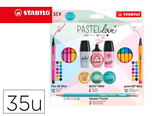 Imagen Set stabilo pastel love mini world pen 68 / point 88 / boss / swano 35 unidades surtidas
