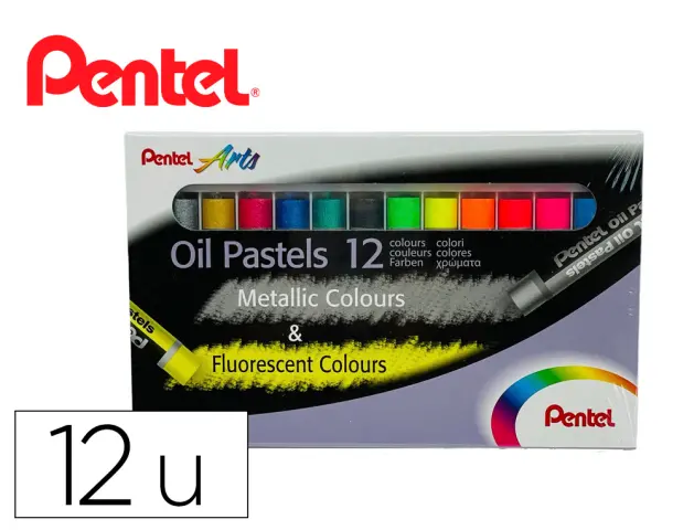 Imagen Lapices pentel oil pastel caja de 6 colores metalicos y 6 colores fluorescente