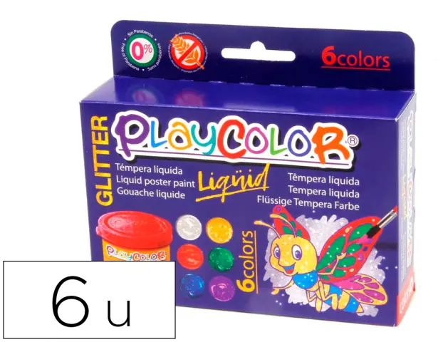 Imagen Tempera liquida playcolor liquid glitter 40 ml caja de 6 unidades colores surtidos