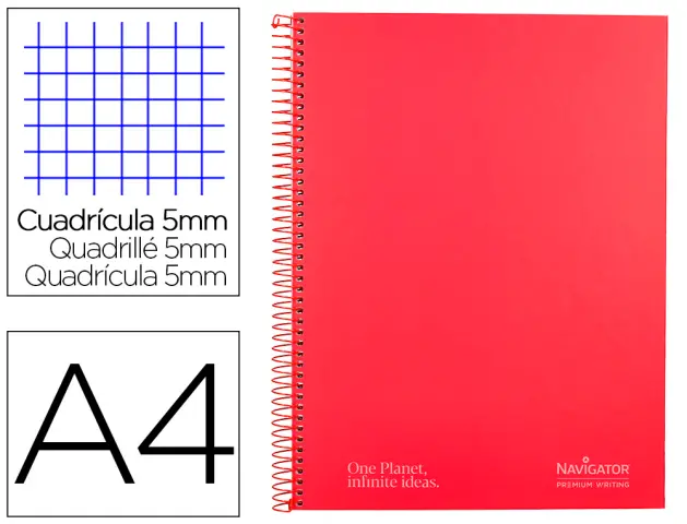 Imagen Cuaderno espiral navigator a4 micro a4 tapa forrada 120h 80gr cuadro 5mm 5 bandas 4 taladros color rojo