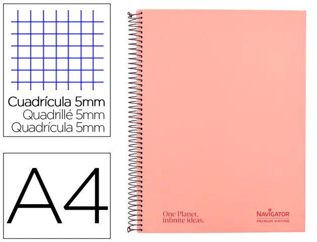 Imagen Cuaderno espiral navigator a4 micro a4 tapa forrada 120h 80gr cuadro 5mm 5 bandas 4 taladros color rosa