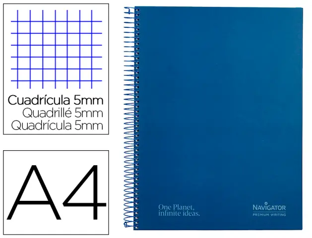Imagen Cuaderno espiral navigator a4 micro a4 tapa forrada 120h 80gr cuadro 5mm 5 bandas 4 taladros color azul marino