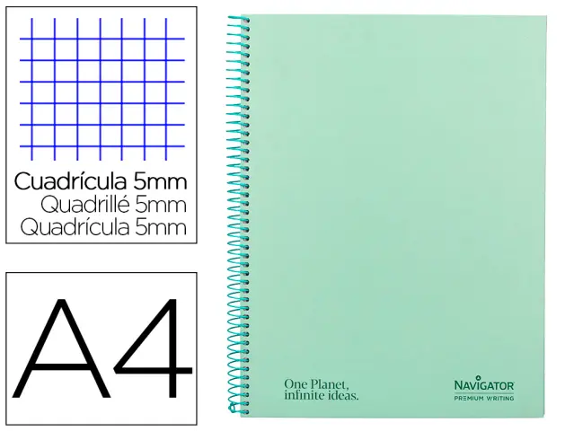 Imagen Cuaderno espiral navigator a4 micro a4 tapa forrada 120h 80gr cuadro 5mm 5 bandas 4 taladros color menta