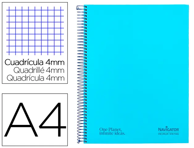 Imagen Cuaderno espiral navigator a4 tapa dura 80h 80gr cuadro 4mm con margen azul claro