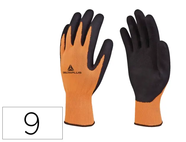 Imagen Guantes deltaplus poliester impregando latex palma y dedos naranja fluor/negro talla 9