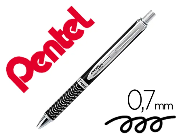 Imagen Boligrafo pentel energel bl407a retractil 0,7 mm tinta gel negra cuerpo metalico plata con estuche