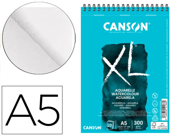 Imagen Bloc dibujo acuarela canson xl aquarelle grano fino din a5 microperforado espiral 14,8x21 cm 20 hojas 300 gr