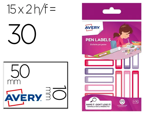 Imagen Etiqueta avery para boligrafos y lapices rosa y violeta 50x10 mm blister de 30 unidades