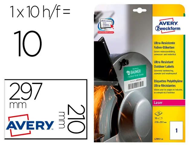 Imagen Etiqueta adhesiva avery politileno blanco permanente laser fotocopiadora 210x297 mm blister 10 unidades