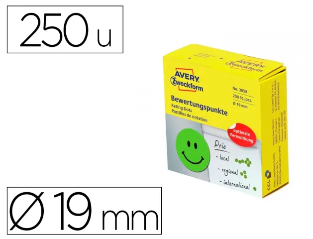 Imagen Etiqueta adhesiva avery smile verde sonriente 19 mm rollo de 250 unidades