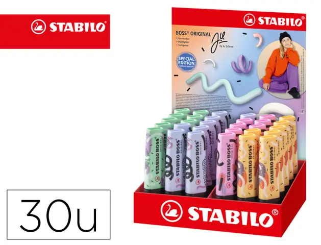 Imagen Rotulador stabilo boss fluorescente original pastel by ju schnee expositor de 30 unidades colores surtidos