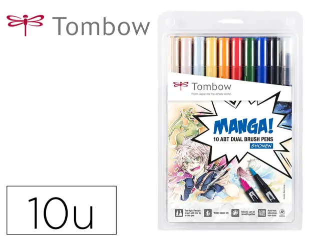 Imagen Rotulador tombow dual brush doble punta pincel manga shonen estuche de 10 unidades colores surtidos