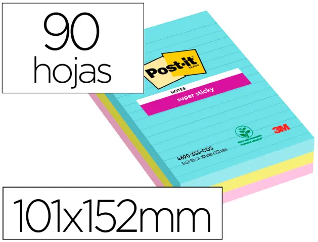Imagen Bloc de notas adhesivas quita y pon post-it super sticky cosmic rayado 90 hojas 101x152 mm paquete de 3