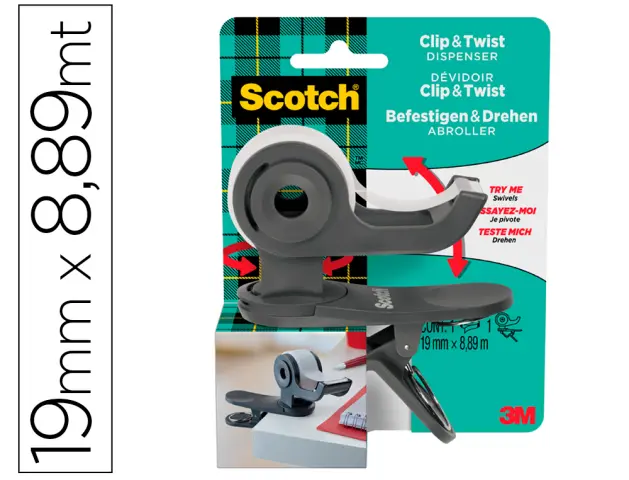 Imagen Portarrollo scotch clip & twist incluye 1 cinta scotch magic 8,89 mt x 19 mm