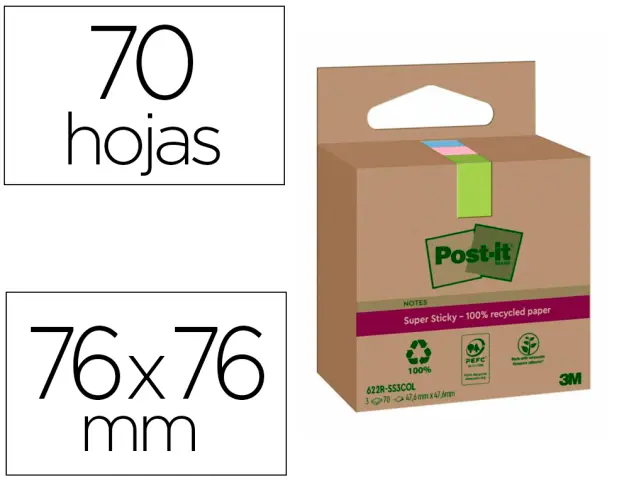 Imagen Bloc de notas adhesivas quita y pon post-it super sticky 76x76 mm 70 hojas recicladas paquete de 3 unidades colores