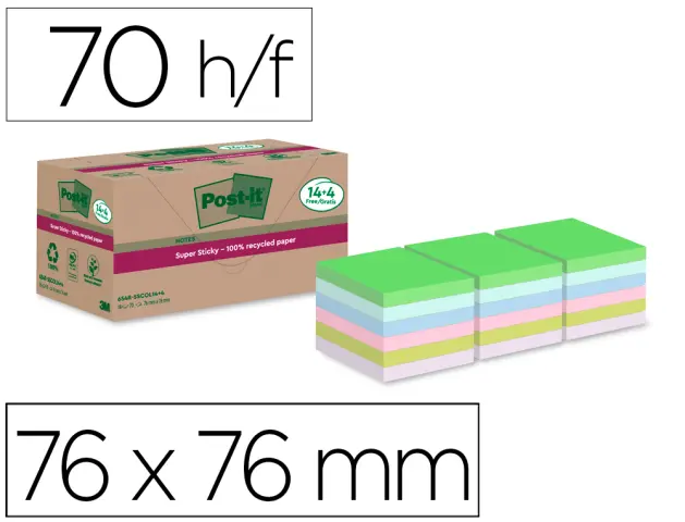 Imagen Bloc de notas adhesivas quita y pon post-it super sticky 76x76 mm 70 hojas recicladas paquete de 14 unidades