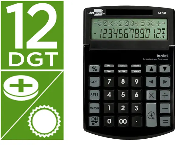 Imagen Calculadora liderpapel sobremesa xf40 12 digitos dos lineas solar y pilas negro 175x120x30 mm 40% plastico