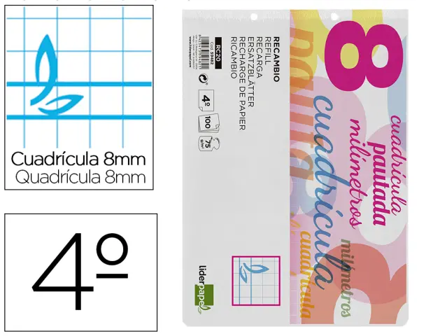 Imagen Recambio liderpapel cuarto pautaguia 100 hojas 70 g cuadriculado pautado 8 mm con margen 2 taladros apaisado