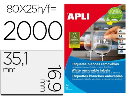 Imagen Etiqueta adhesiva apli 35,6x16,9 mm fotocopiadora laser inkjet caja 25 hojas din a4 con 2000 etiquetas