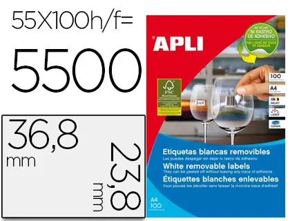 Imagen Etiqueta adhesiva apli 36,8x23,8 mm fotocopiadora laser inkjet caja 100 hojas din a4 con 5500 etiquetas