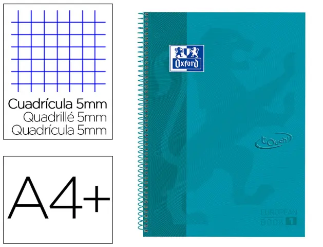 Imagen Cuaderno espiral oxford ebook 1 tapa extradura din a4+ 80 h cuadricula 5 mm aqua intenso touch