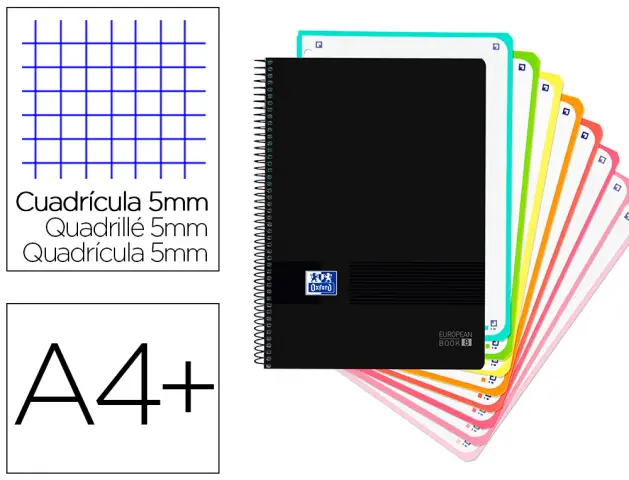 Imagen Cuaderno espiral oxford ebook 8 tapa plastico din a4+ 160 h cuadricula 5 mm black
