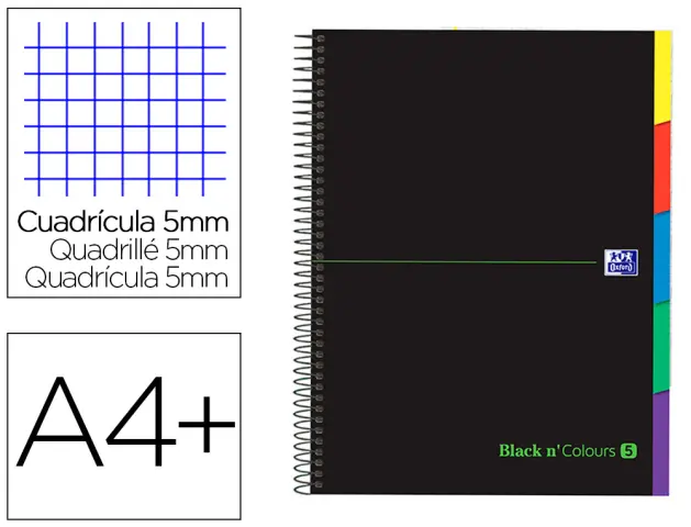 Imagen Cuaderno espiral oxford ebook 5 tapa extradura din a4+ 100 h con separadores cuadricula 5 mm black