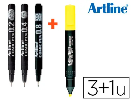 Imagen Rotulador artline comic pen calibrado micrometrico negro bolsa de 3 uds 0,2 0,4 0,8 + fluorescente 660