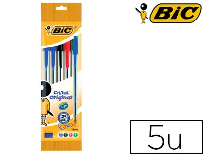 Imagen Boligrafo bic cristal medium bolsa de 5 unidades colores surtidos 2 azul /1 negro /1 rojo /1 verde